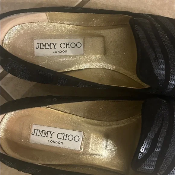 Jimmy Choo 7.5 black velvet with navy sequins gold inside loafers - Picture 3 of 12